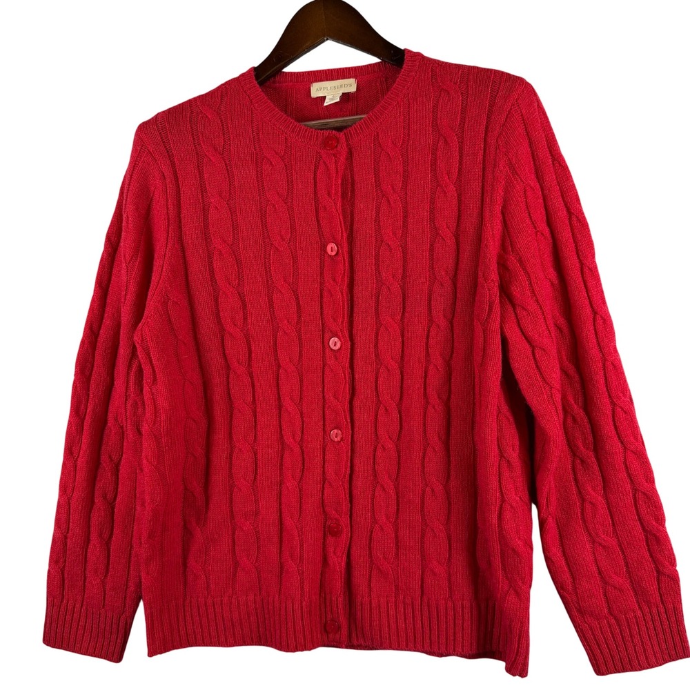 Appleseeds Womens L Red 100% Wool Cable Knit Button Cardigan Sweater Preppy